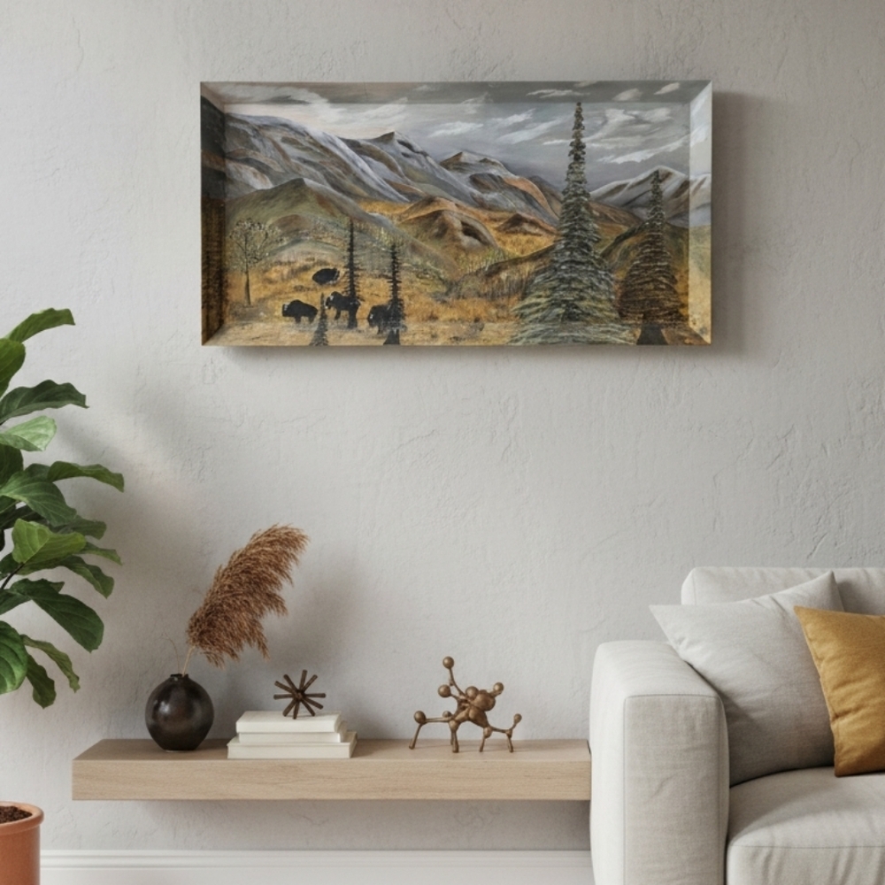 Original Oil Painting | Wild Bison in Autumn Mountain Landscape 49" x 24" Rustic